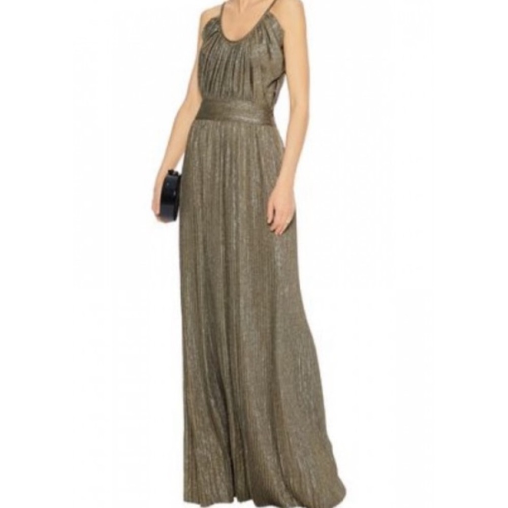 10 Crosby Derek Lam Olive Metallic Halter Pleated Maxi Dress